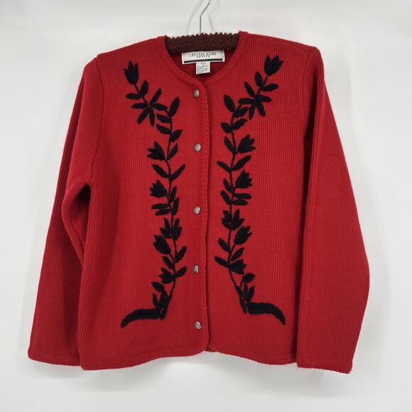 Vintage Crystal Kobe Embroidered Floral Cardigan Womens S P Red Black Boxy 90s - Picture 1 of 6